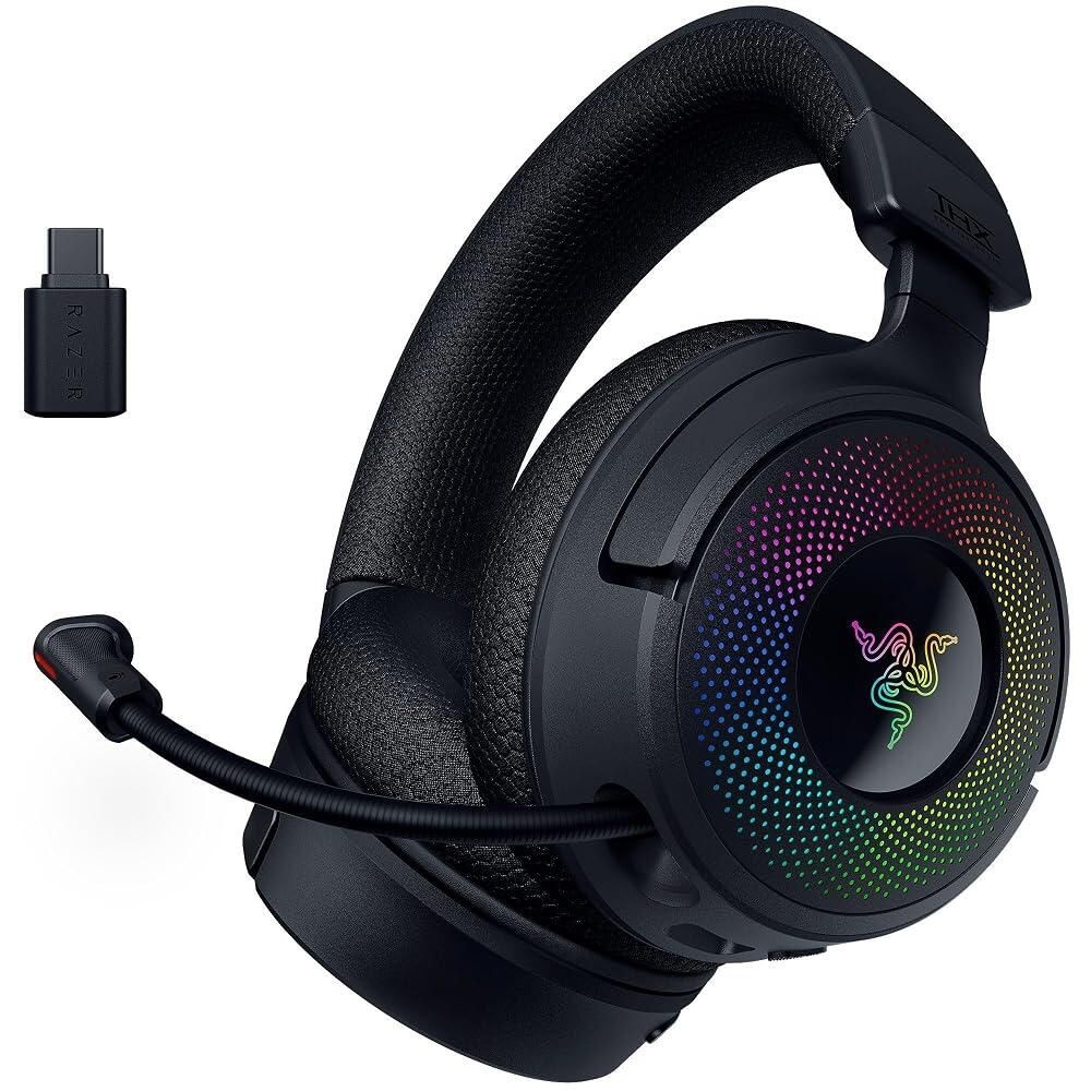 [해외] Razer Kraken V4 무선 게이밍 헤드셋 2.4GHz 블루투스 USB - 슈퍼 와이드밴드 마이크 40mm 드라이버 9존 RGB 조명 PC 맥 PS5 닌