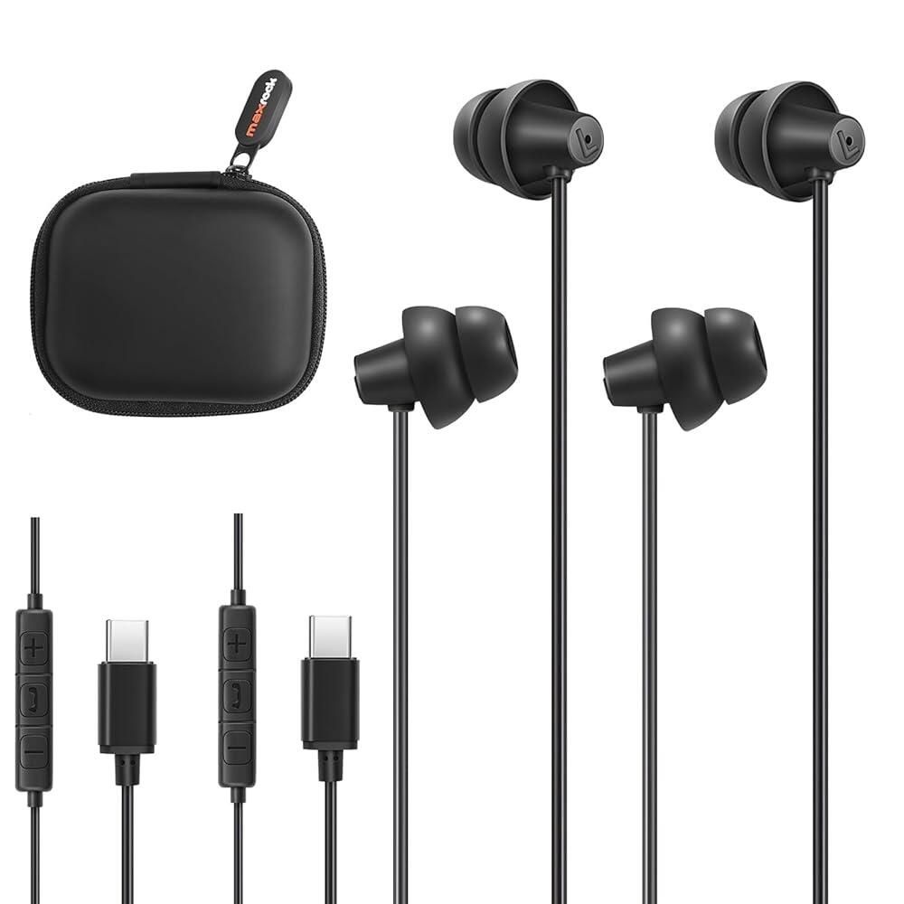 MAXROCK [해외] MAXROCK USB-C 플러그가 있는 수면 유선 헤드폰 2개 이어 버즈[호환] 또는 이어폰 내장 리모컨으로 음악 전화 통화 볼