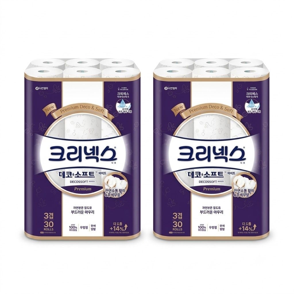 크리넥스 천연펄프 3겹 데코앤소프트 화이트, 25m, 30롤, 2개