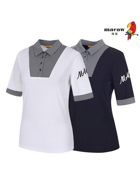 마코 여성잔체크 배색 카라 반팔 티셔츠_MMW2TS04 601377