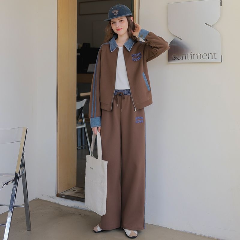 핑크시슬리 SET/딕션 피치기모 데님믹스 자수 집업 와이드 팬츠세트
