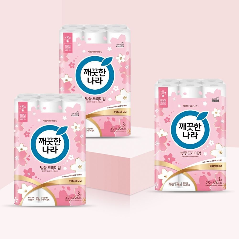 두루마리 휴지 벚꽃 프리미엄 향기나는 화장실 3겹 롤 화장지 28m 30롤 x 3팩