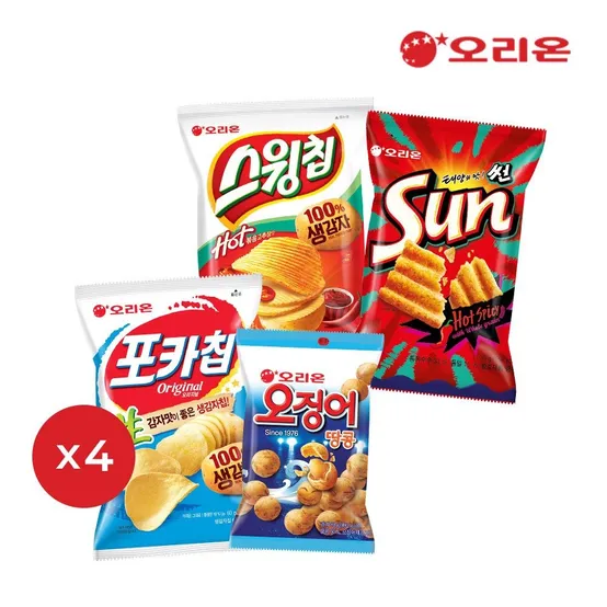 오리온 베스트 스낵세트(4종16봉, 포카칩4+오땅4+스윙볶음고추장4+썬핫4)
