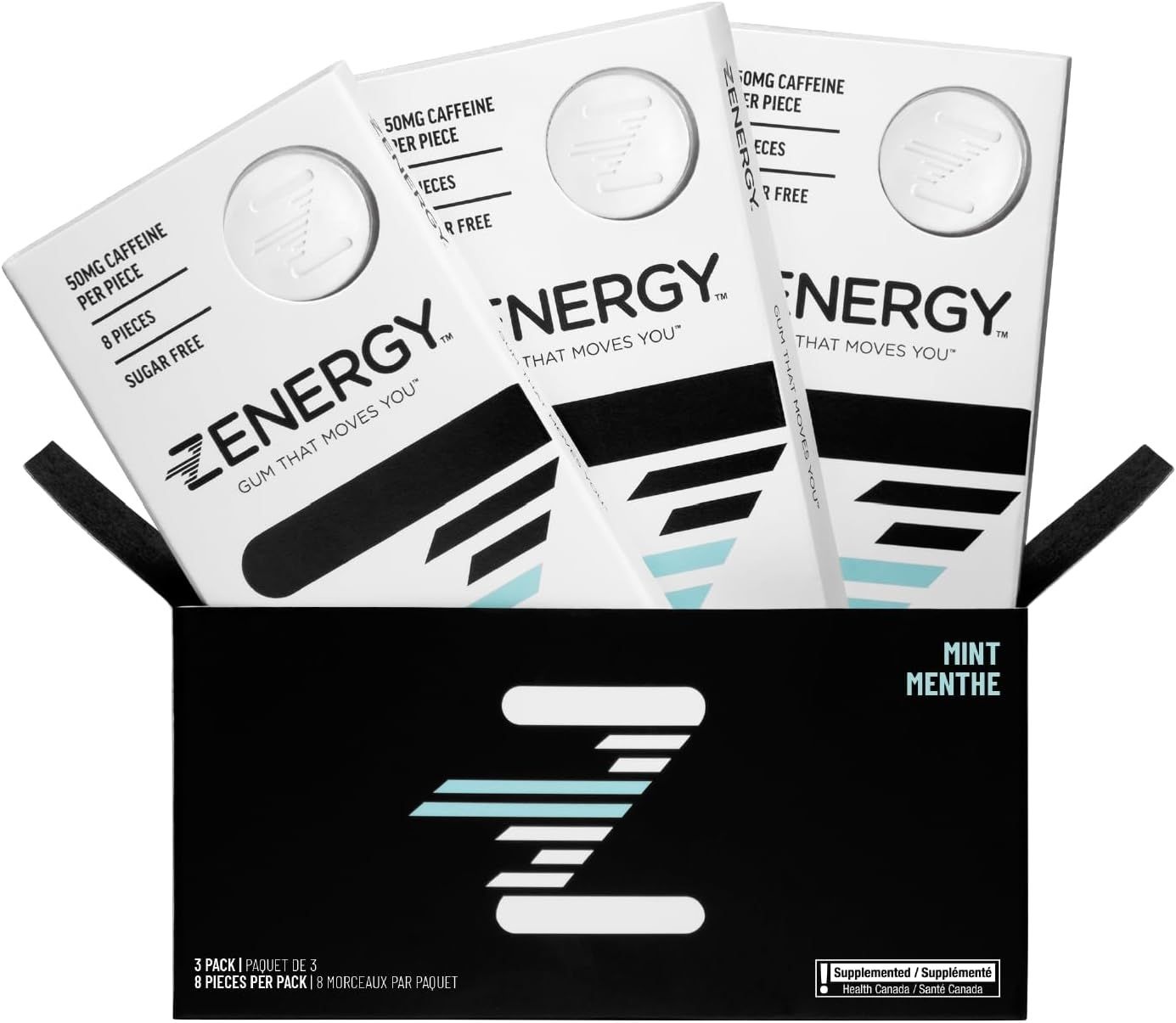 ZENERGY 에너지 껌 민트 맛 카페인 50mg + B6 35 및 B12 45 설탕 0 칼로리 텐 아스파탐 비GMO 인스턴트 액션 3팩 = 24개