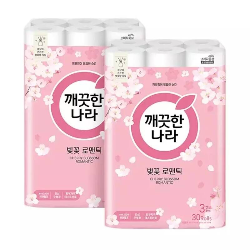 깨끗한나라 천연펄프 3겹 벚꽃 로맨틱, 27m, 30롤, 2개