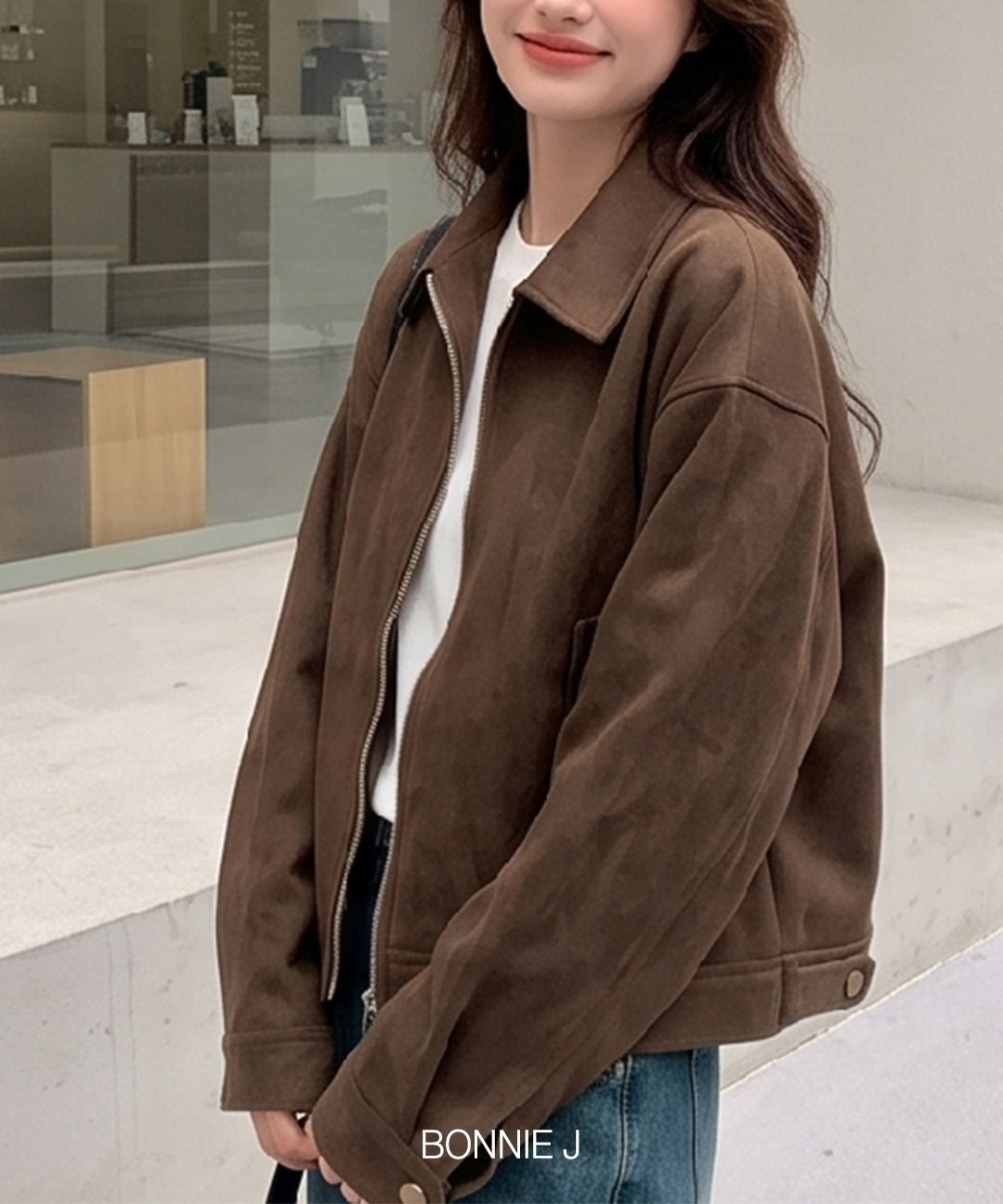 보니제이 협력업체 보니제이 보니제이 카라넥 간절기 가벼운 스웨이드 집업 자켓 숏점퍼 아우터 블루종 시크룩 딥브라운