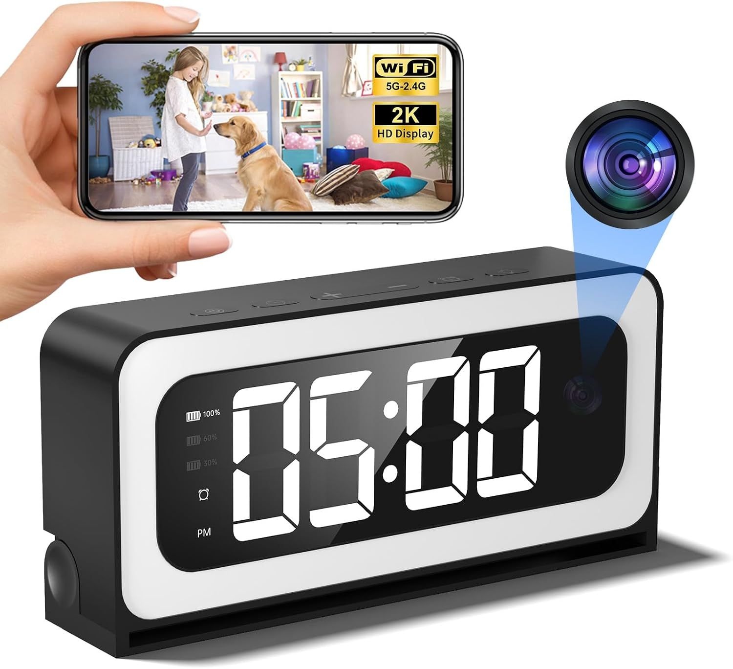 HEDNIC 2K 알람 시계 카메라 5G 2.4G WiFi 유모 캠 무선 실내 가정 용 AI 인체 감지 집/반려동물용 컬러 비전 로컬