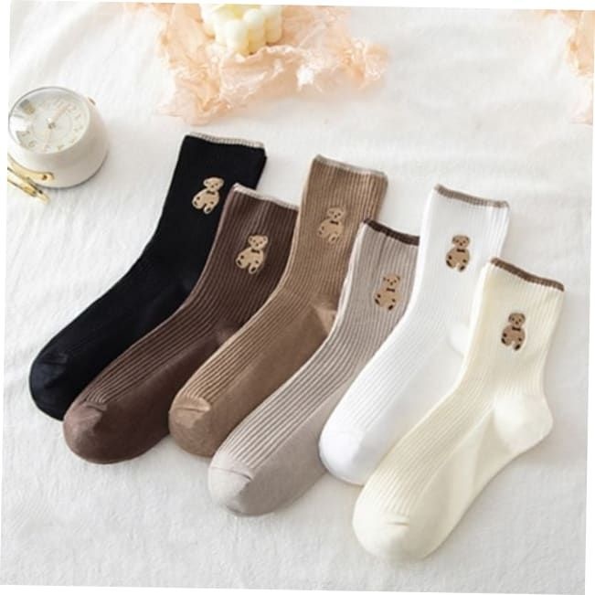 ShenzhenProduct 가을양말 귀여운 곰 자수 포인트 학생 골지 양말 6color