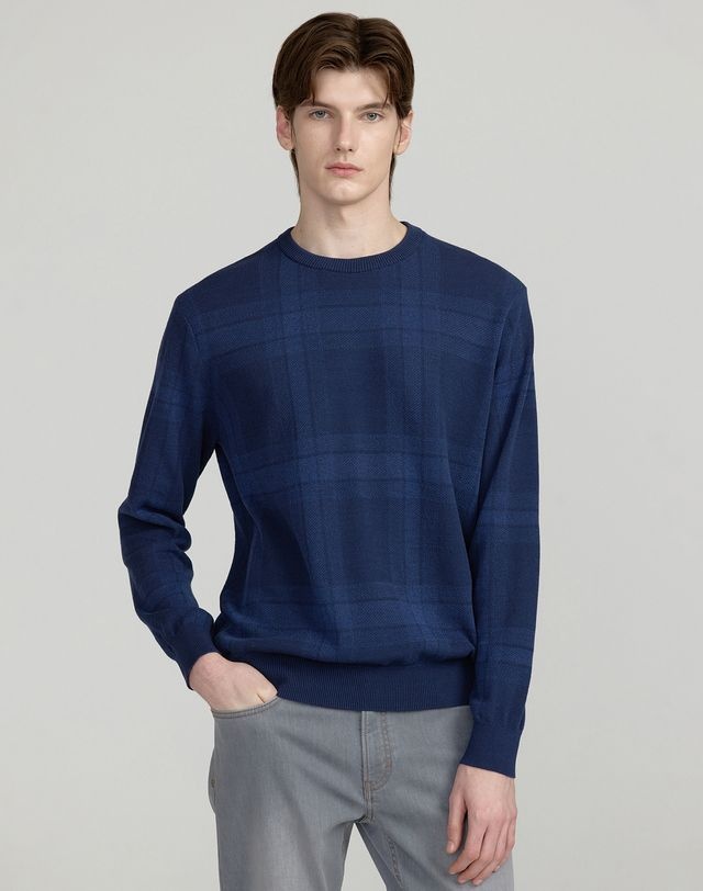 [25SS] [DENIM COLLECTION] 다크블루 체크 라운드 긴팔 스웨터 DMSW5AT60B3