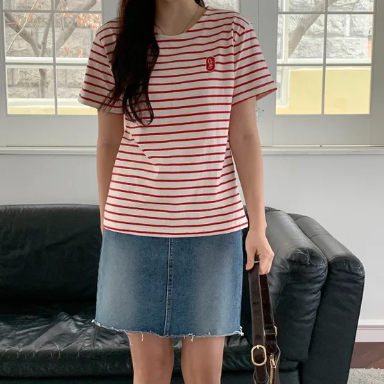 [린다샵]시어스 라운드넥 단가라 자수 포인트 반팔티