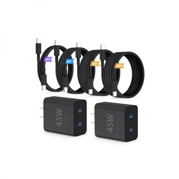 브랜드: QZIIW [해외] QZIIW 초고속 삼성 충전기 유형 C,45W 듀얼 포트 USB C 고속 블록 [2 팩] & 엑스트라 롱 60W 3/6/10/10ft 케이블 - PD 빠른 충