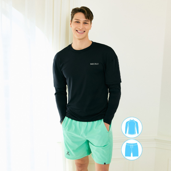 베이직엘르 남성인 레이어드 래쉬가드 비치반바지 세트 BEM-Y905K