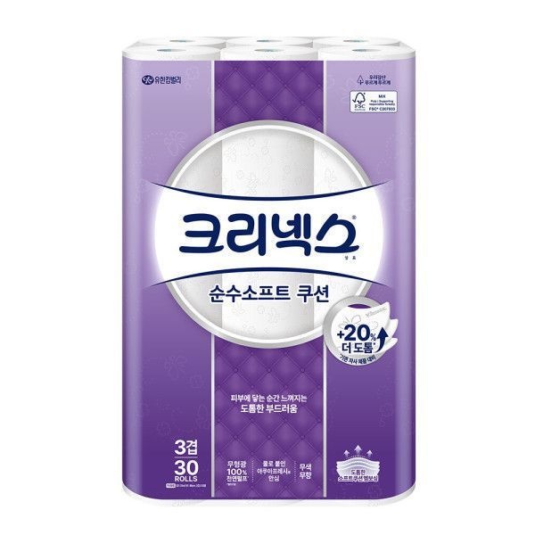 크리넥스 도톰한 3겹 순수소프트 쿠션 25m 30롤 1팩 화장지 휴지