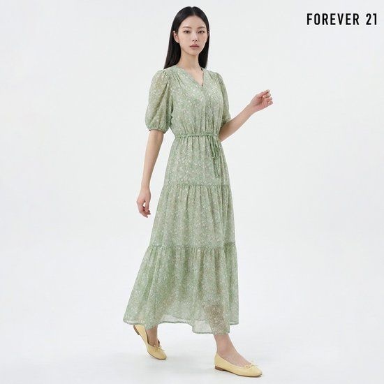 포에버21 플라워 브이넥 스트링 반팔 롱 원피스 FTDBOP012 1357695