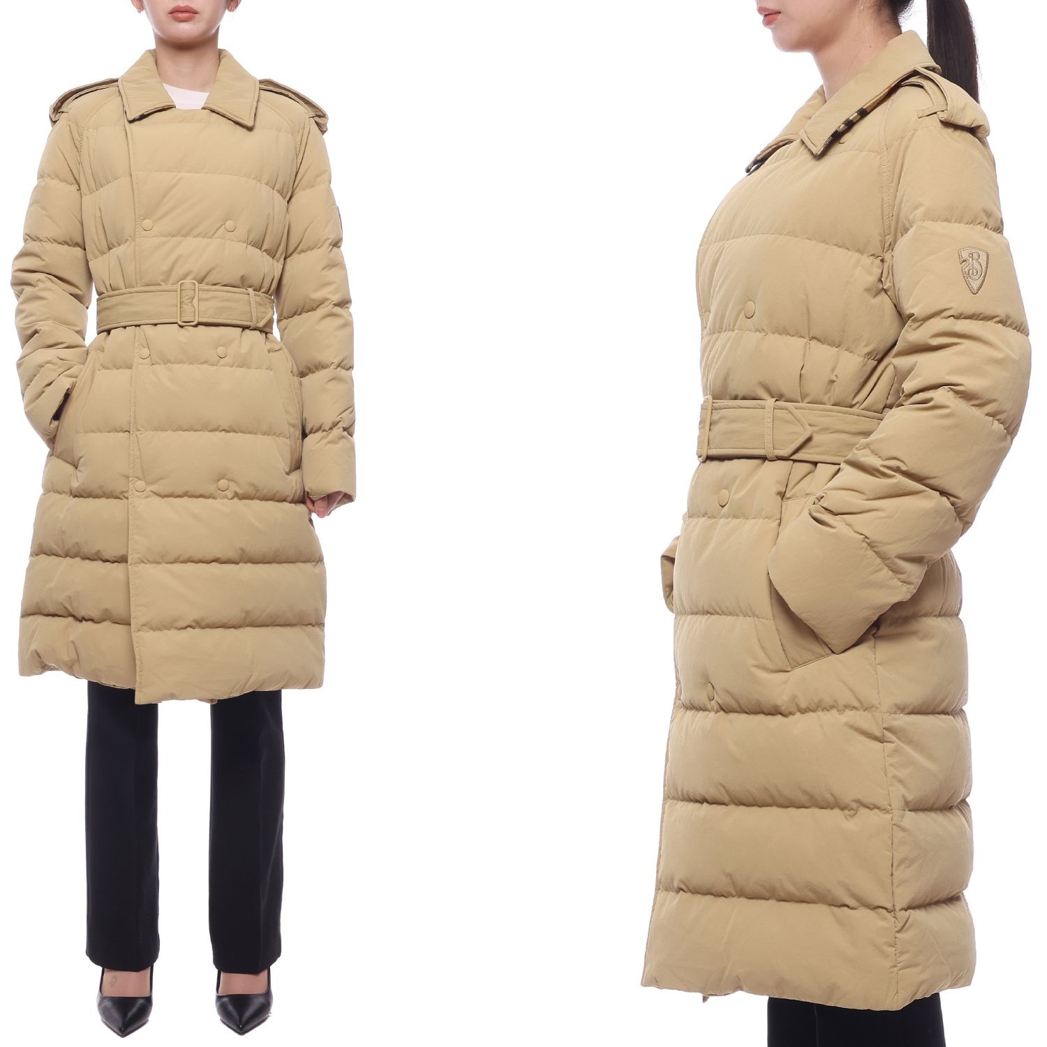 [롯데백화점] 버버리 여성 더블 브레스트 퍼퍼 롱패딩  8097986 FLAX SAND 24F