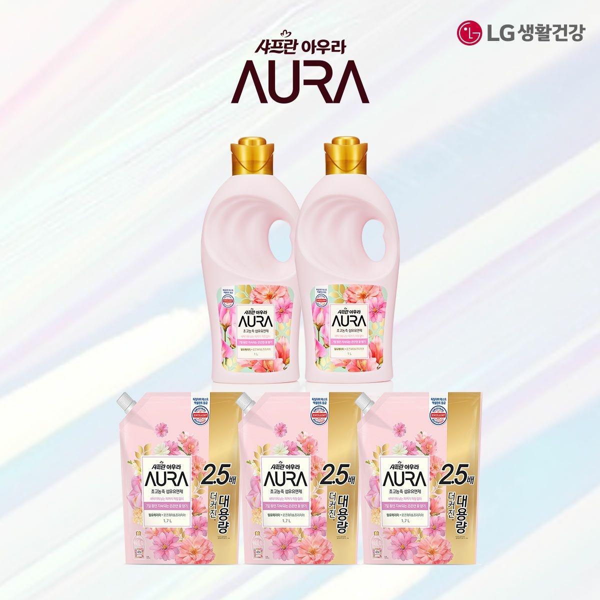 [패션플러스][엘지생활건강][무료배송] [엘지생활건강] LG생활건강 아우라 섬유유연제 윌유메리미 1Lx2개 + 1.7Lx3개