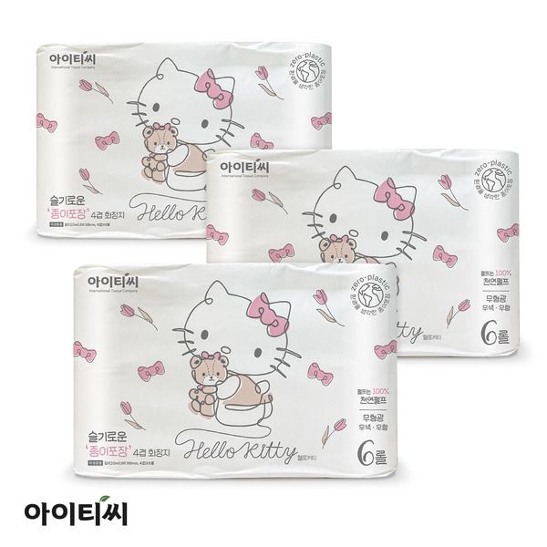 헬로키티 [패션플러스][헬로키티]헬로키티 슬기로운 종이포장 4겹 양면더블데코 롤화장지 20m, 6롤 3팩, 18개입