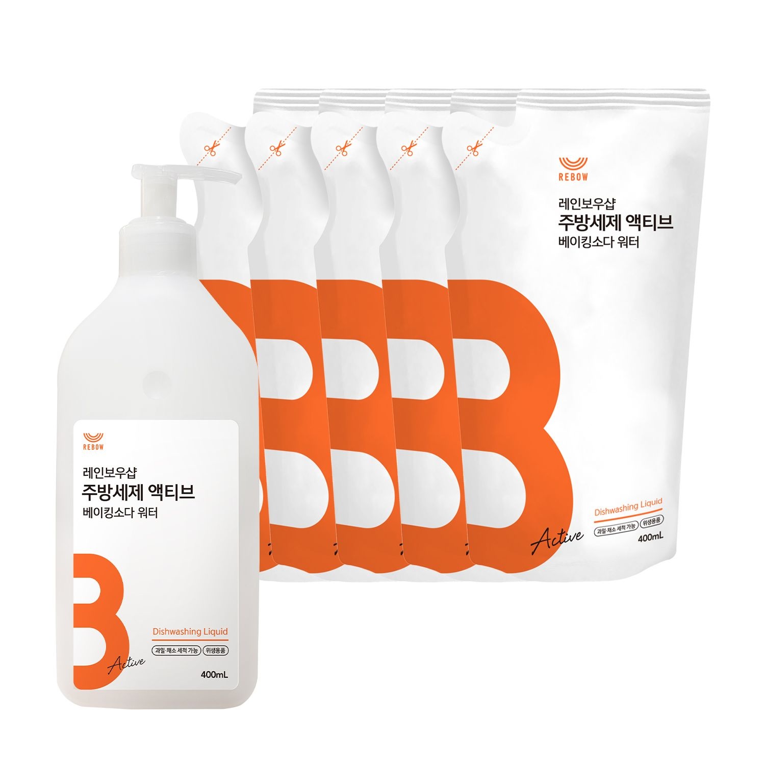 레인보우샵 레인보우샵 주방세제 액티브 베이킹소다 워터 400ml 본품 + 리필5개 총 2.4L 대용량 1025537