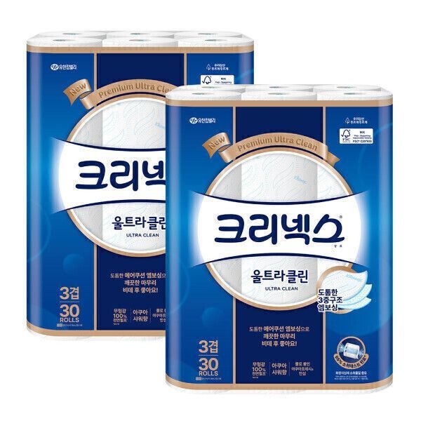 크리넥스 도톰한 3겹 울트라클린 화장지 27M 30롤 2팩 휴지 ord
