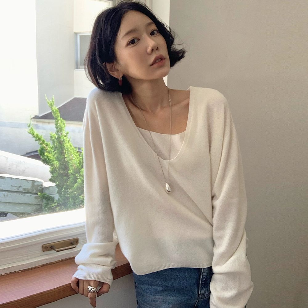 Wool cashmere V neck knit set [TIFA05SW04]_Ivory