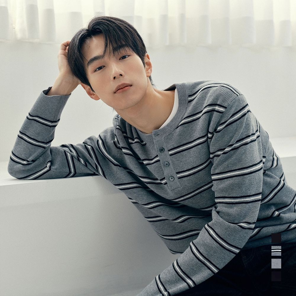 하찌조직 헨리넥 세미오버핏 니트_4colors / 블랙, 그레이, 멜란지 그레이, 네이비