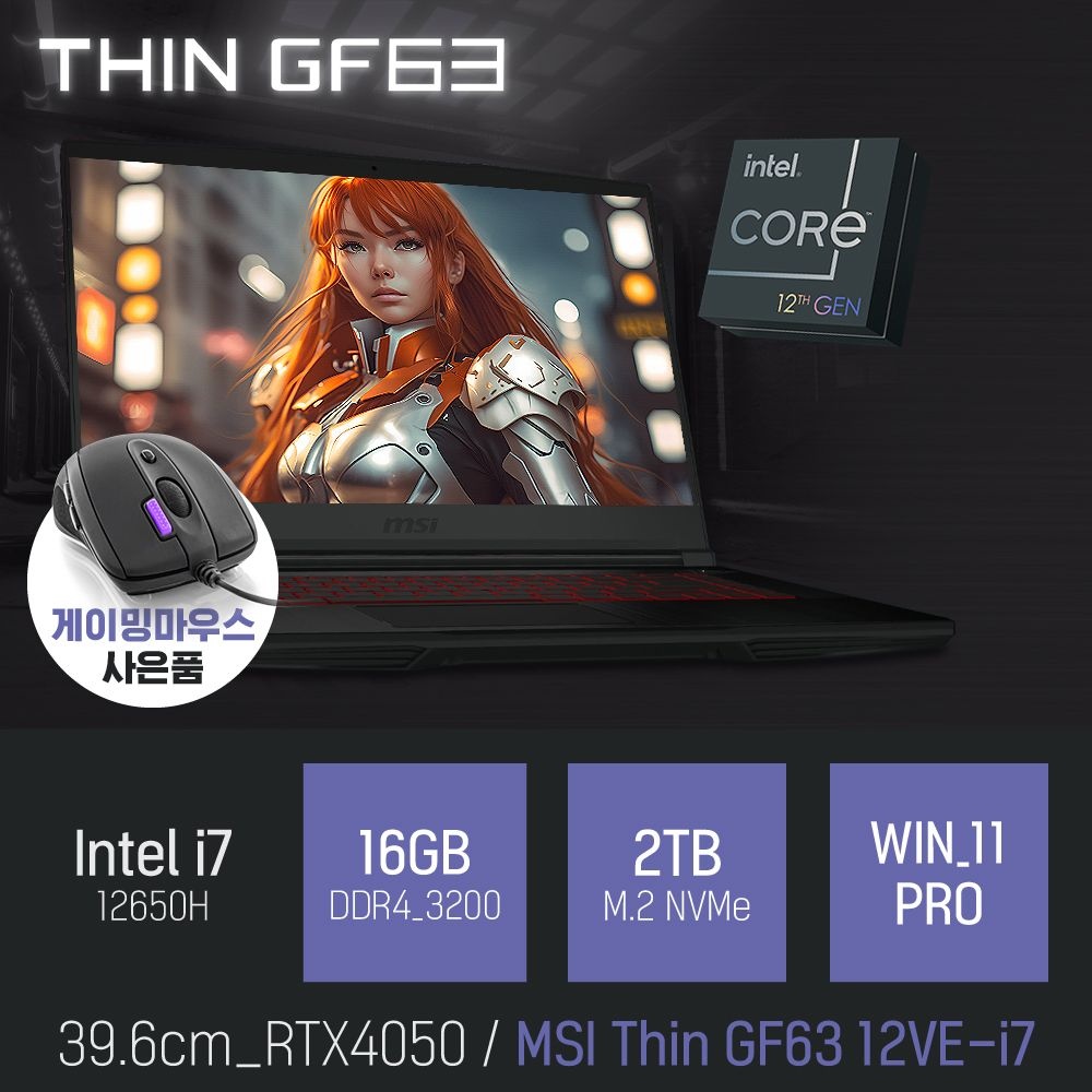 MSI ⓒ MSI Thin GF63 12VE-i7 i7-12650H 16GB 2TB WIN11 / 고사양 게이밍 캐드 영상편집 그래픽작업 노트북