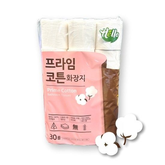 헬로 프라임코튼 화장지 30m X 30롤 천연펄프 3겹 무형광 무향 무인쇄 휴지