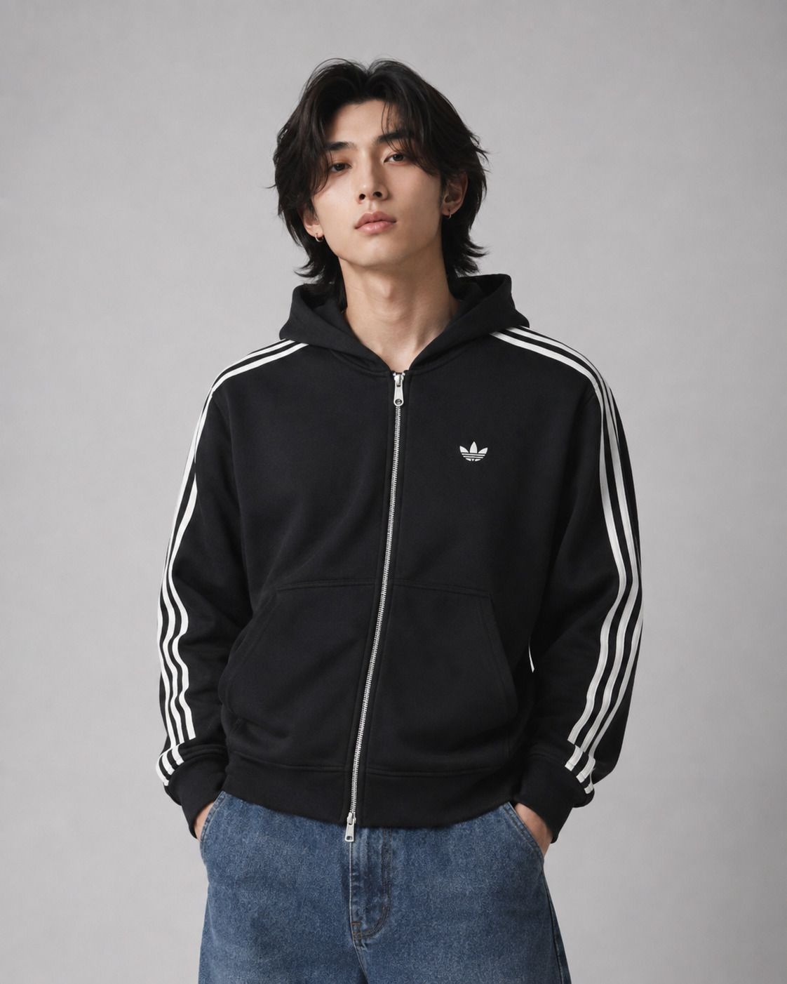 adidas 후드 집업 - 블랙크림화이트 KC9315