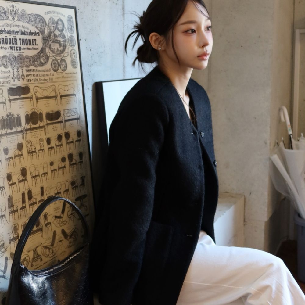 시슬리 노카라 브이넥 부클 자켓_SAJKE1661BK