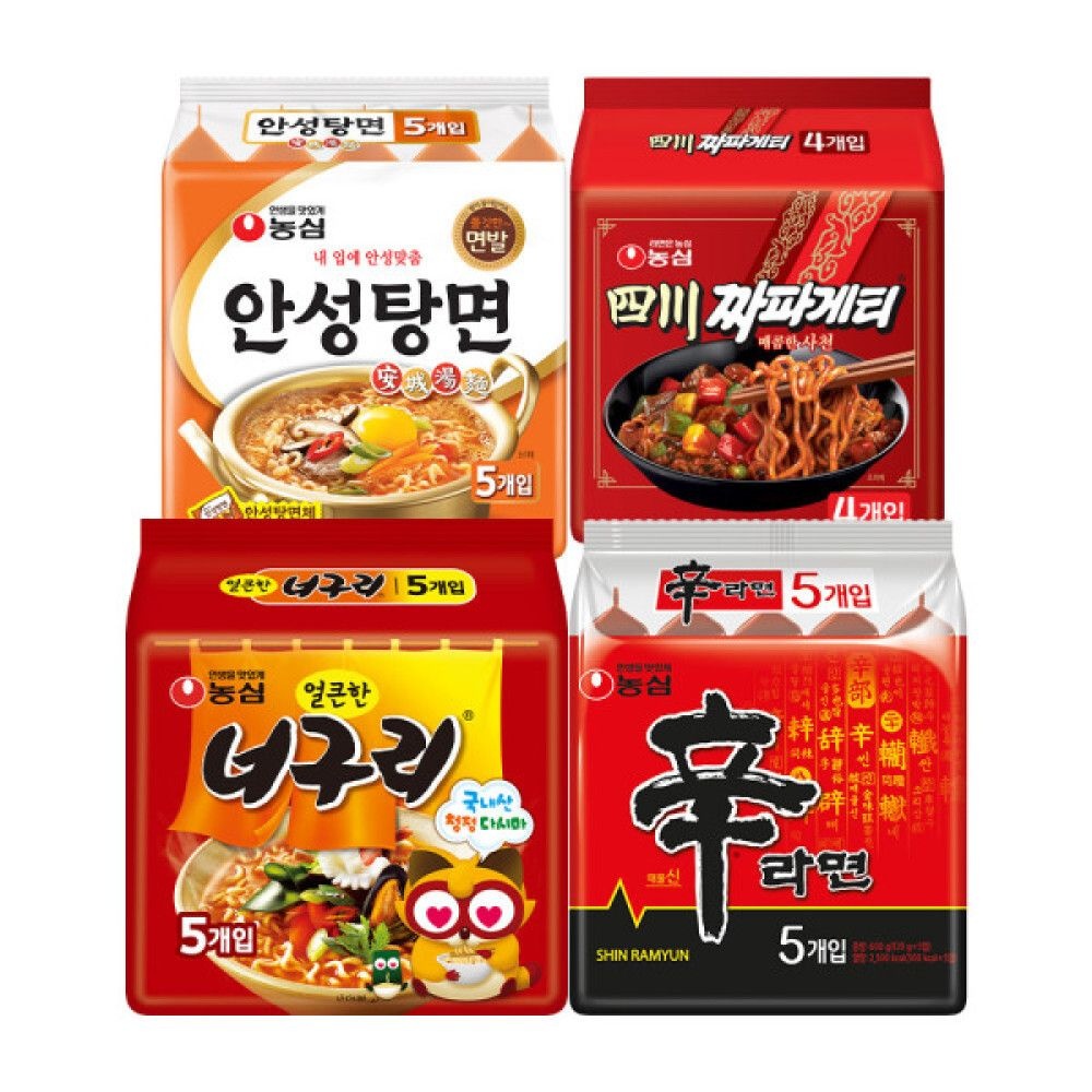 농심 신라면 5봉 + 안성탕면 5봉 + 너구리 5봉 +사천짜파게티 4봉(총 19봉