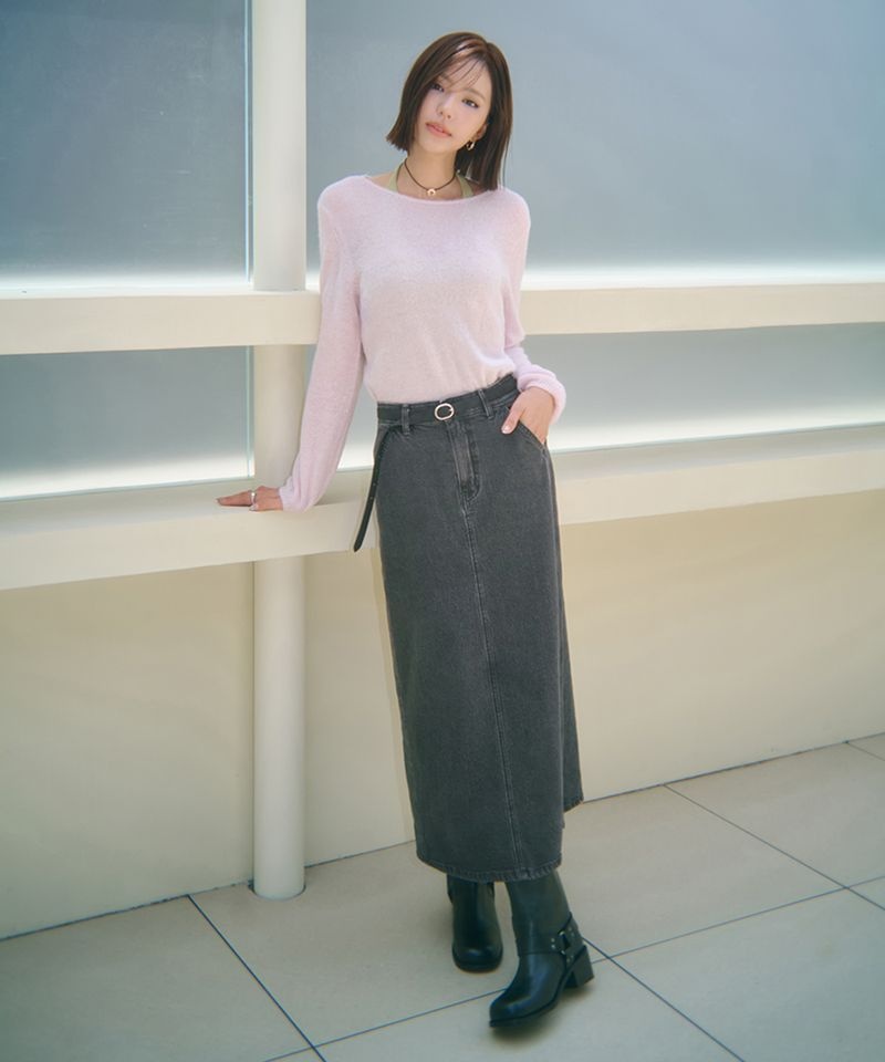 더엣지 THEATG 26FW 커브드 데님 스커트 스웨이드 벨트