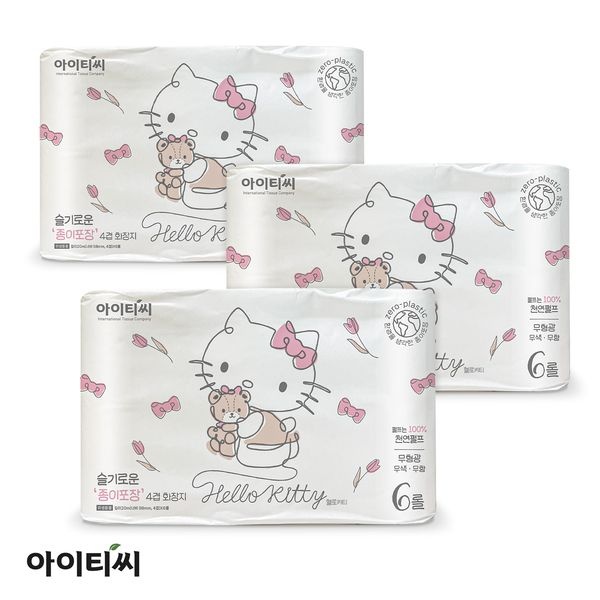 헬로키티 [하프클럽]헬로키티 슬기로운 종이포장 4겹 양면더블데코 롤화장지 20m, 6롤