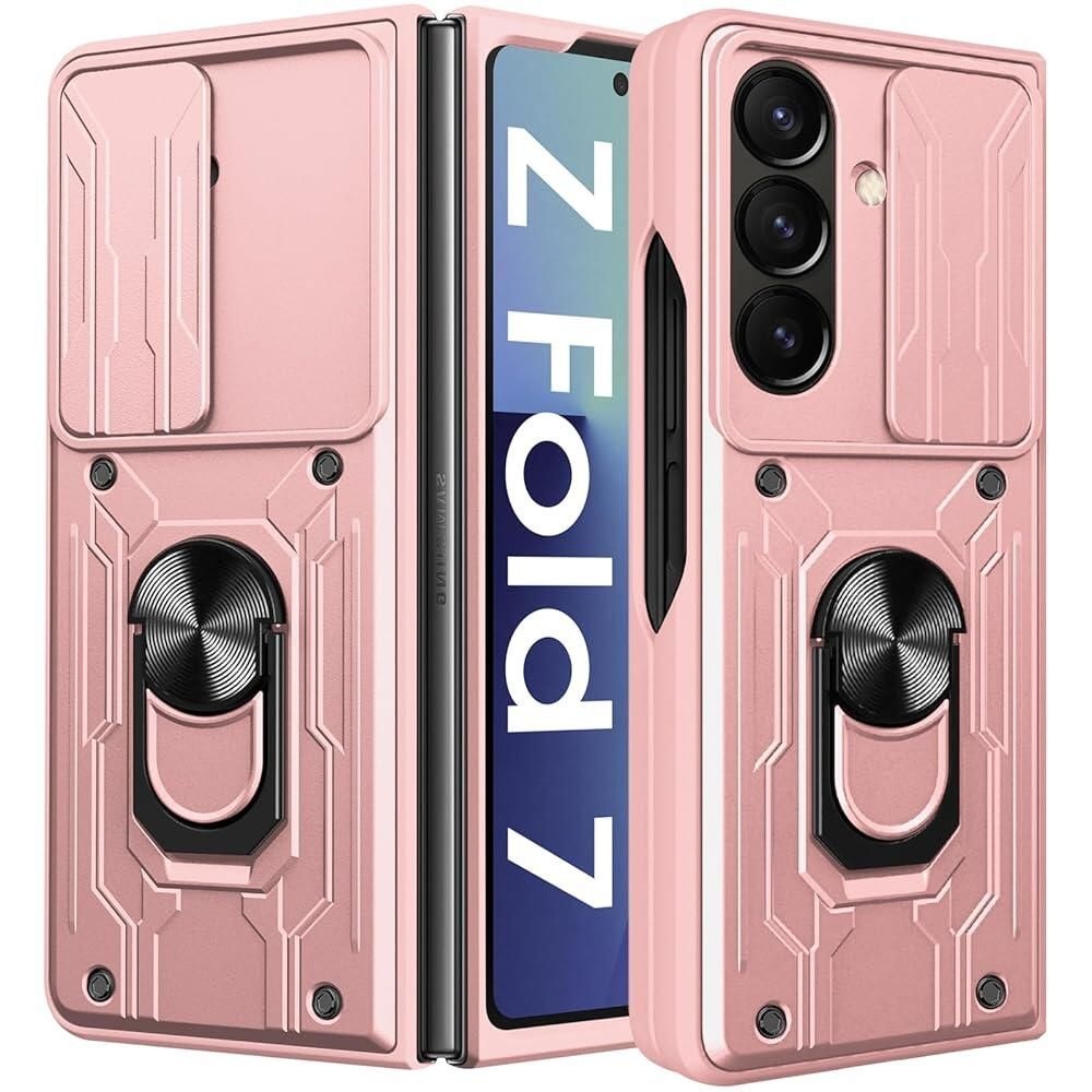 Hovisi [해외] 삼성 갤럭시 Z 폴드 7 케이스, 슬라이드 카메라 커버, 킥스탠드가 있는 보호 360° 메탈 링 스탠드, 5G 케이스 핑크 39