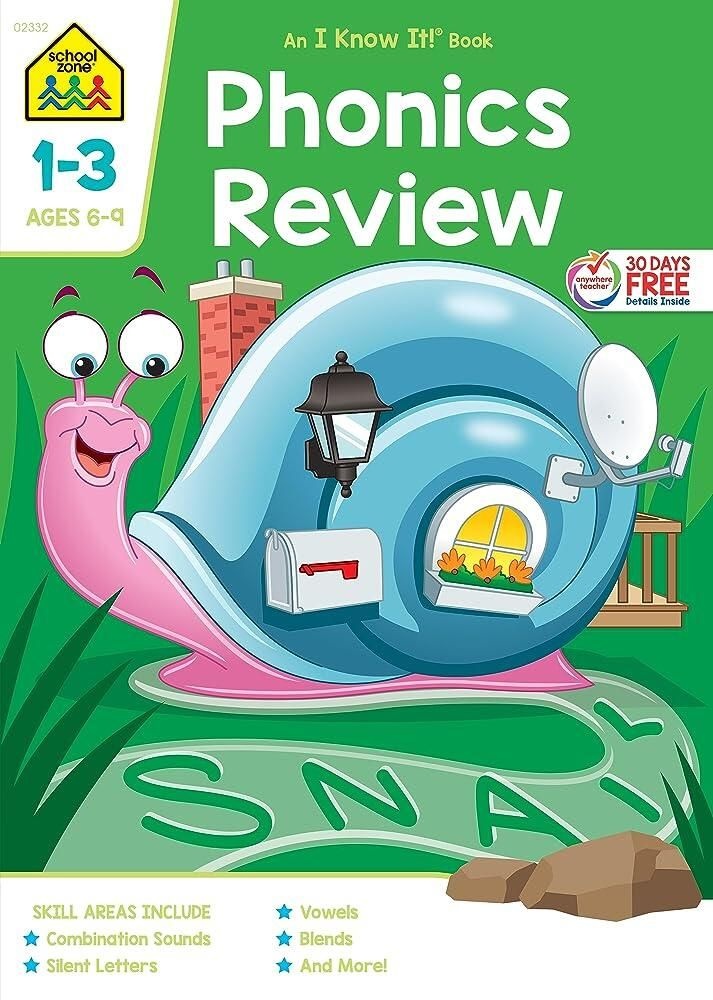 School Zone [해외] School Zone - Phonics Review 1-3 Workbook 64 Pages, Ages 6 to 9, Grades 1 3, Combination Sounds, Short Letters, Vowels, and More (School I Know It!®