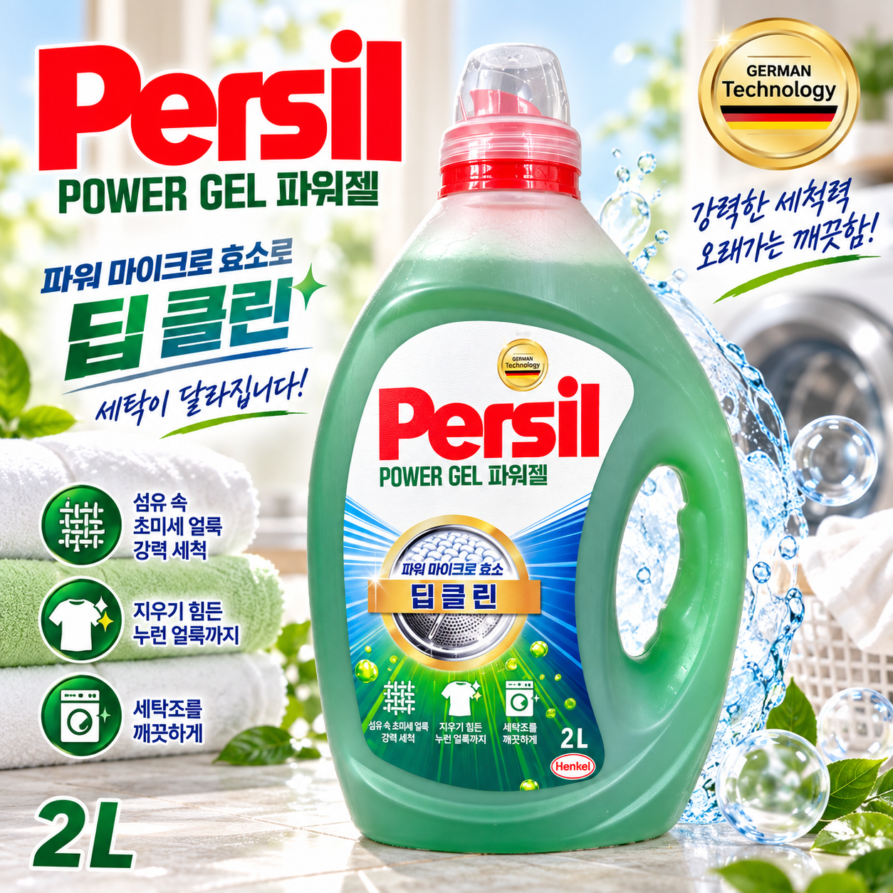 [오늘출발] 퍼실 파워젤 딥클린 일반 드럼 겸용 용기 2L X 4개