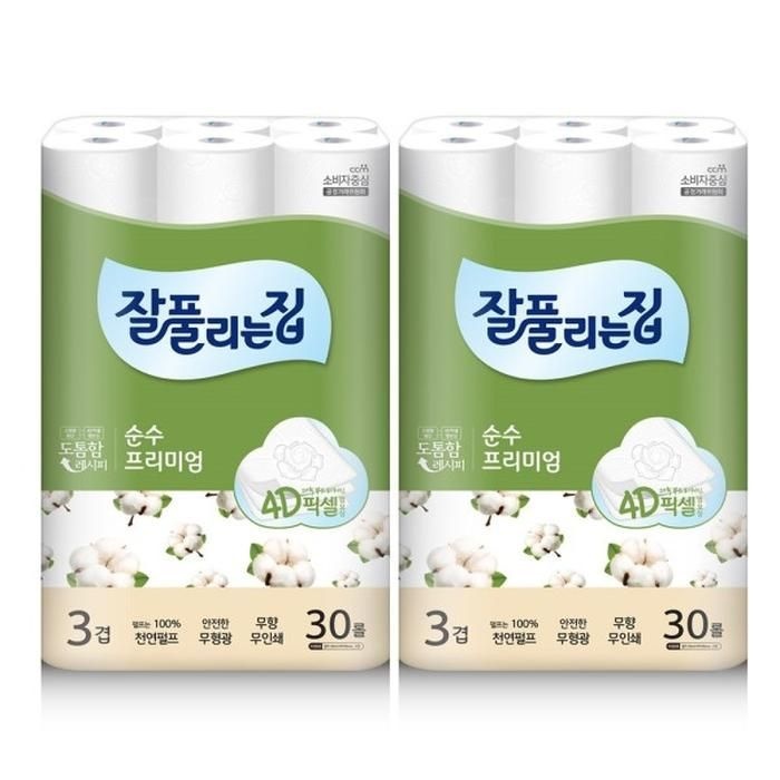 [오늘출발] 잘풀리는집 순수 프리미엄 30M 30롤 2팩/ 무형광안심제품