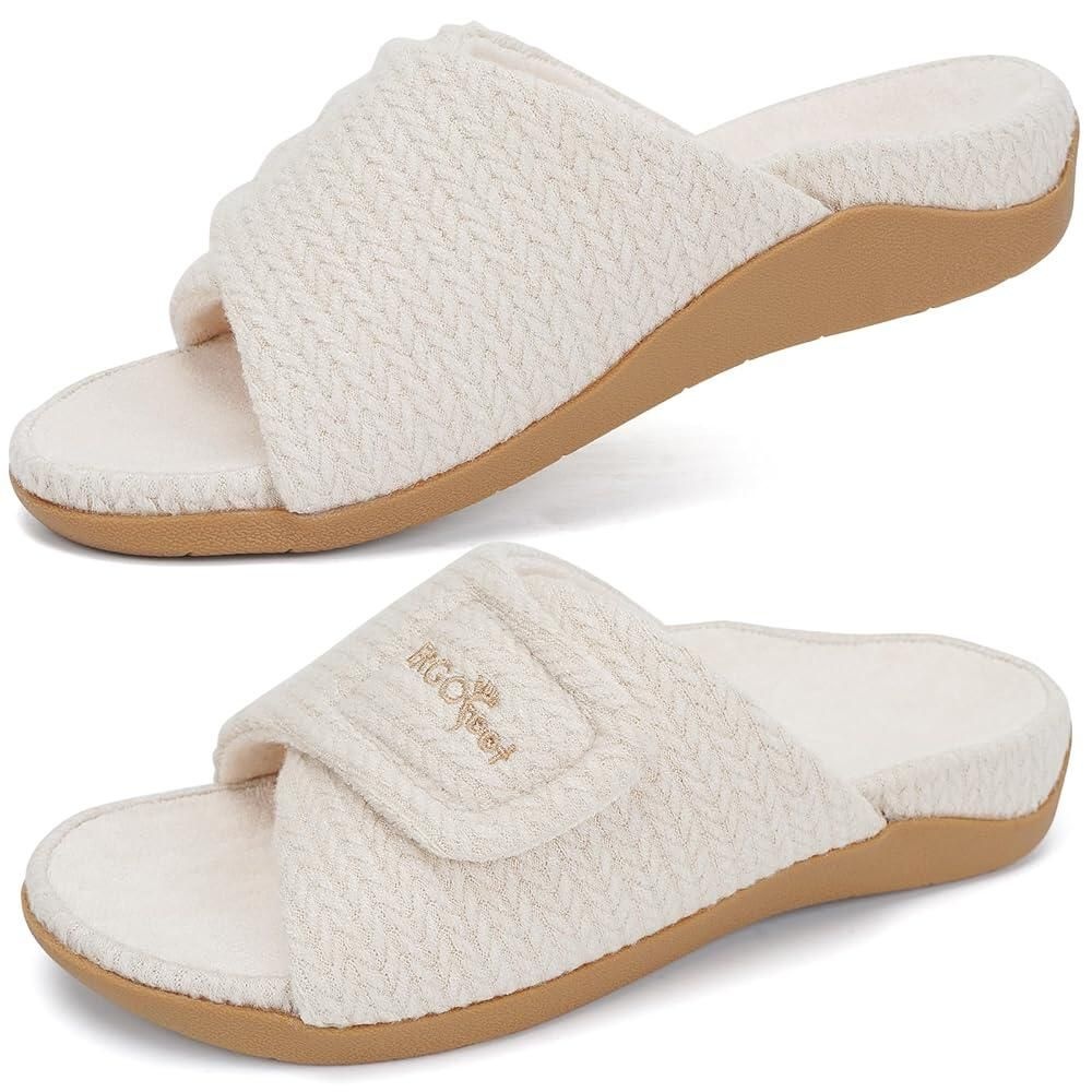 ERGOfoot [해외] ERGOfoot Orthopedic Slippers with Arch Support Adjustable Strap for Women Orthotic Plantar Fasciitis Pain Relief Knitted Open Toe Slip-on House Shoes,