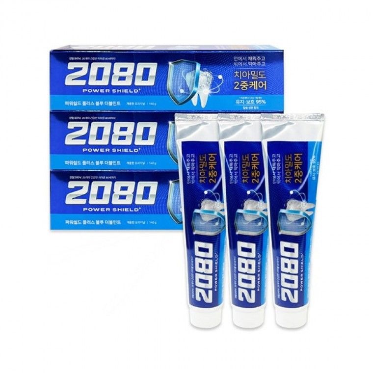 2080 파워쉴드 플러스 블루 더블민트 140g 3입 -TJ 2080치약 치약 칫솔 양치 양치질