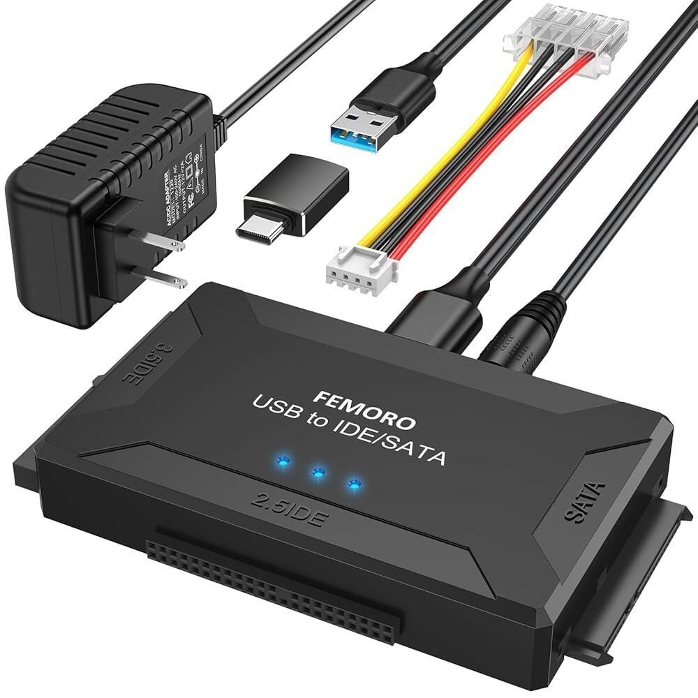FEMORO [해외] FEMORO 하드 드라이브 리더 IDE SATA to USB 3.0 + C 어댑터, 3in1 울트라 데이터 검색 컨버터 키트, 내부 2.5인치 SSD 3.5인치