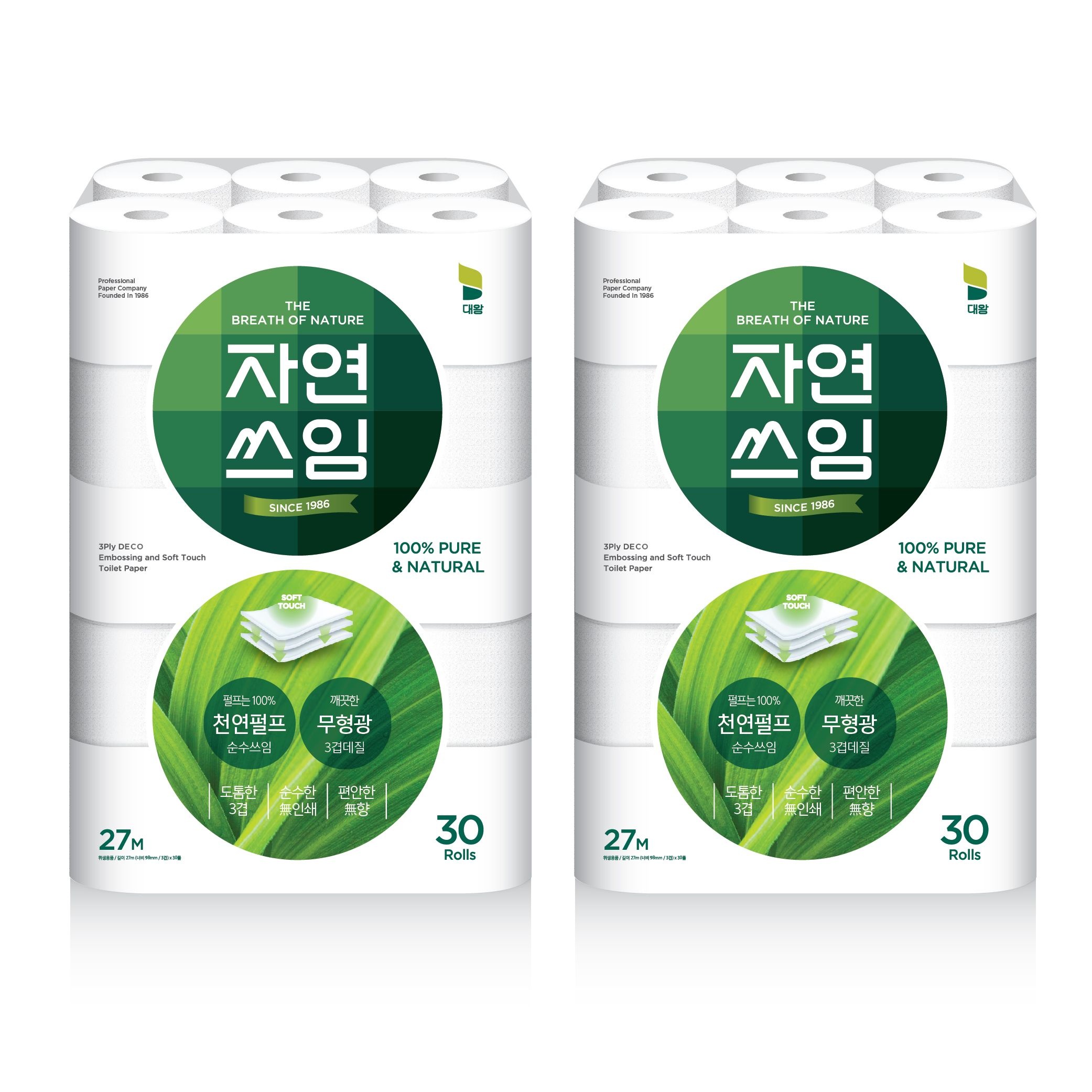 자연쓰임 천연펄프 화장지 그린 3겹 27m 30롤 2팩