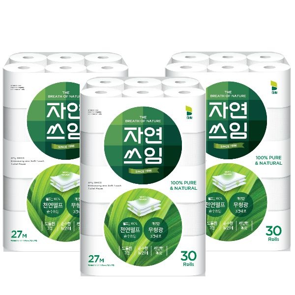 자연쓰임 천연펄프 화장지 그린 3겹 27m 30롤 3팩