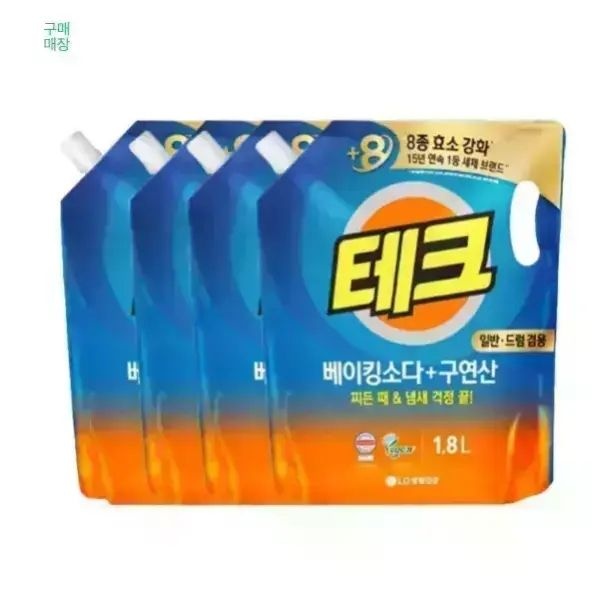 LG생활건강 테크 베이킹소다+구연산 액체세제 일반/드럼 겸용 1.8L 4개