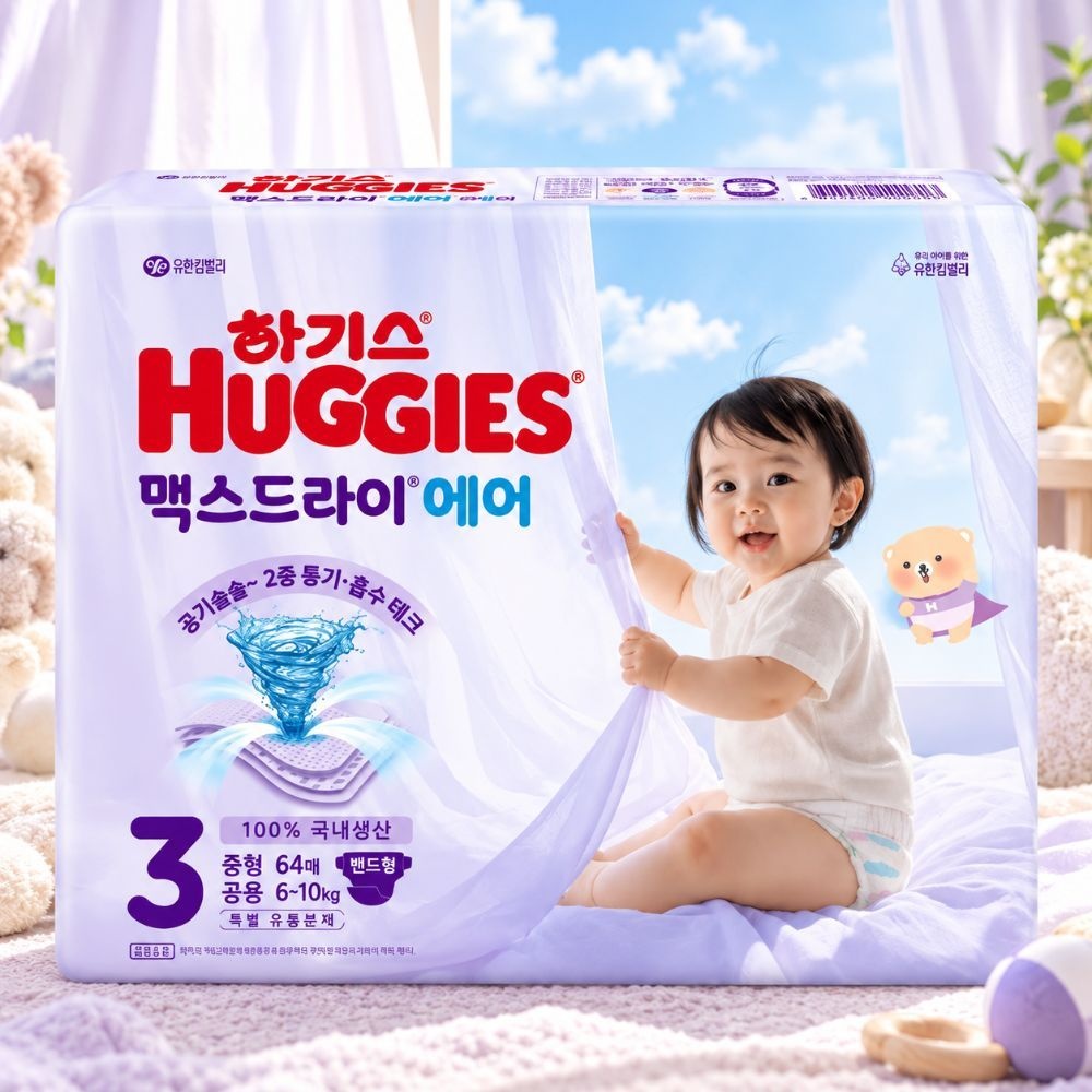 하기스 맥스드라이 에어 3단계 64매 중형 공용 밴드형 국내생산 기저귀 6-10kg
