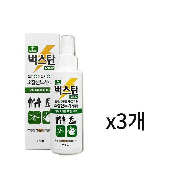 벅스탄 패밀리액 120mlx3개 모기기피제 레몬향 진드기기피제