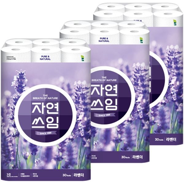 더 도톰한 자연쓰임 무형광 라벤더 화장지 30m 30롤 3팩 총 90롤