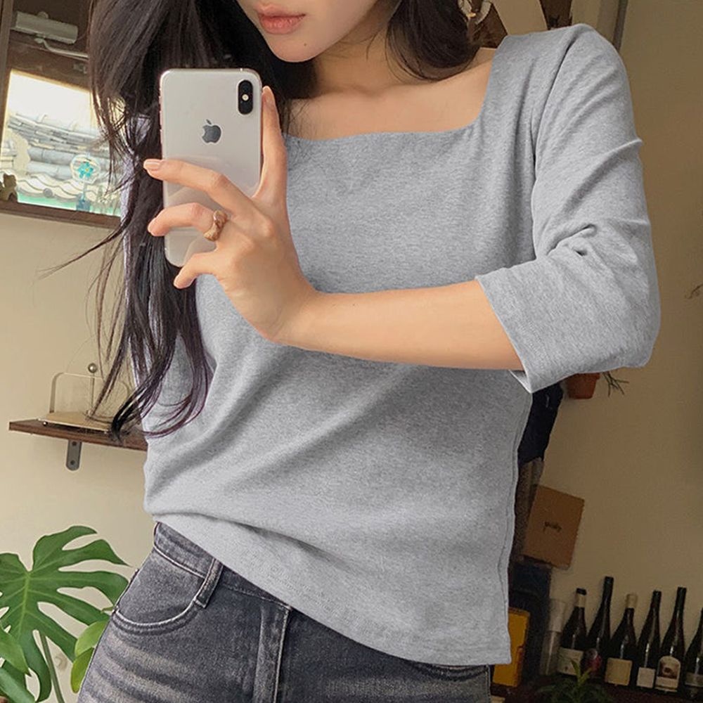 [핫핑][군살정리/클린핏][비침DOWN/이너티][MADE] 단점보완스퀘어넥 슬림핏 7부 티셔츠 (44-110)