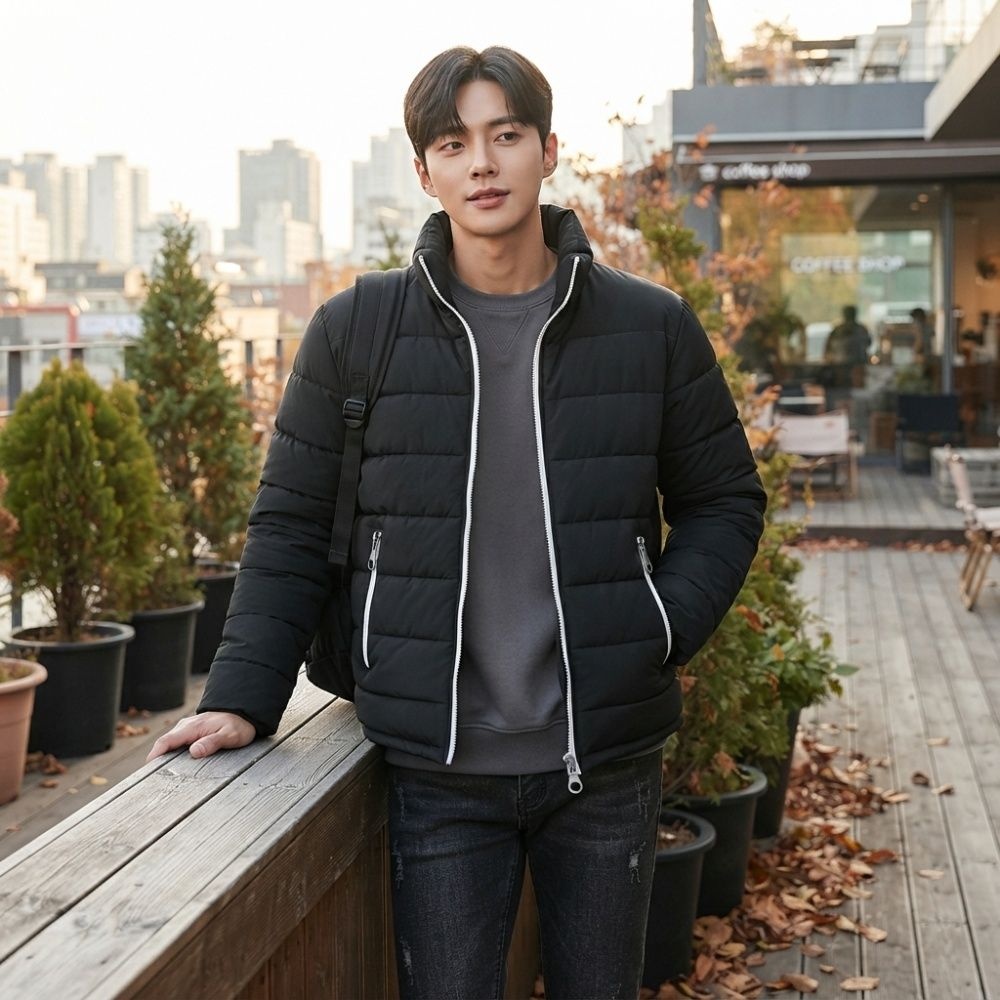 남성 경량 패딩 점퍼 가을 캠핑룩 지퍼배색 하이넥 외투 방한 등산 보온 일상복 남성복
