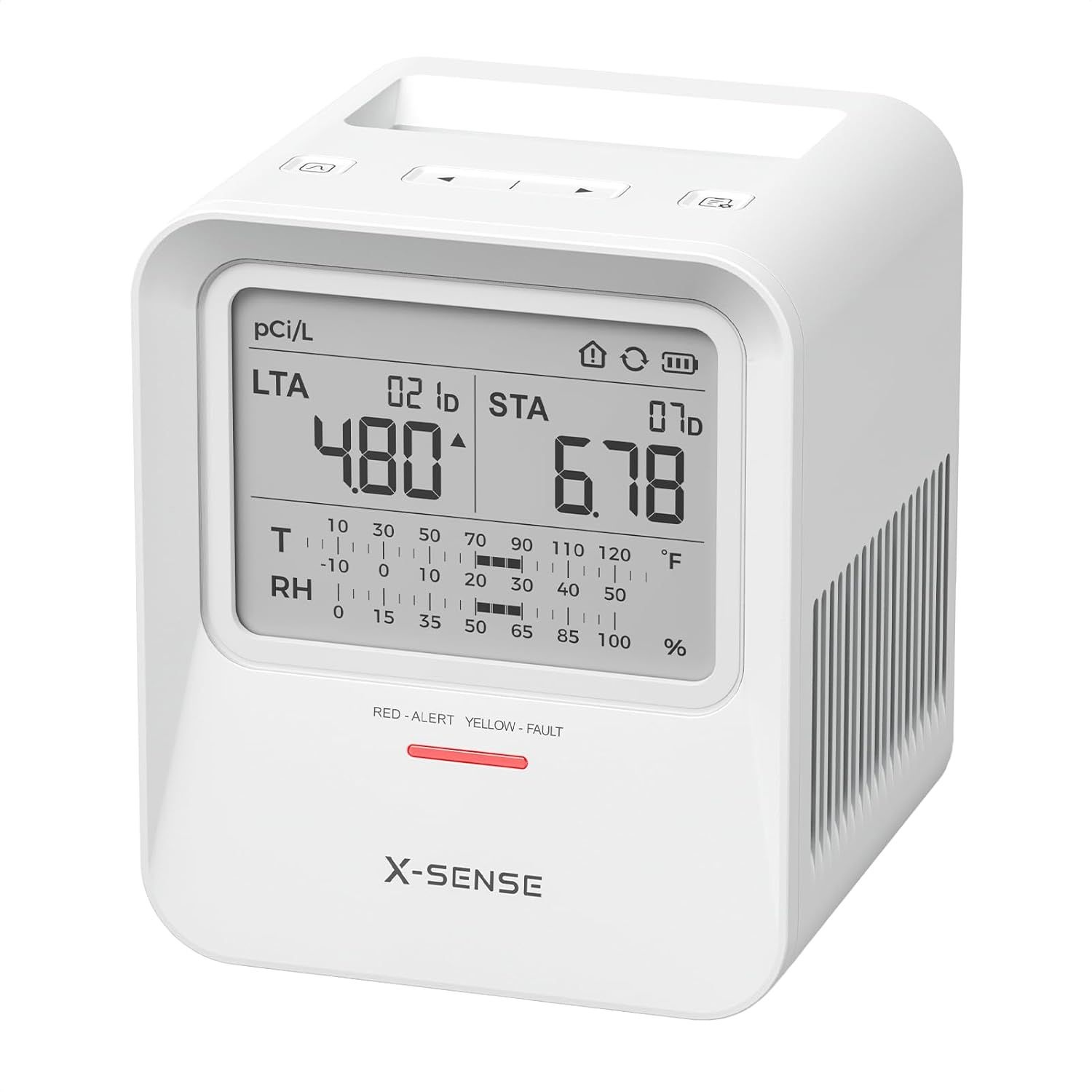 XSense 라돈 검출기 청각 및 시각적 경고 원터치 리셋 최대 99 로컬 보고서 저장 온도 습도 범위 디스플레이 일의
