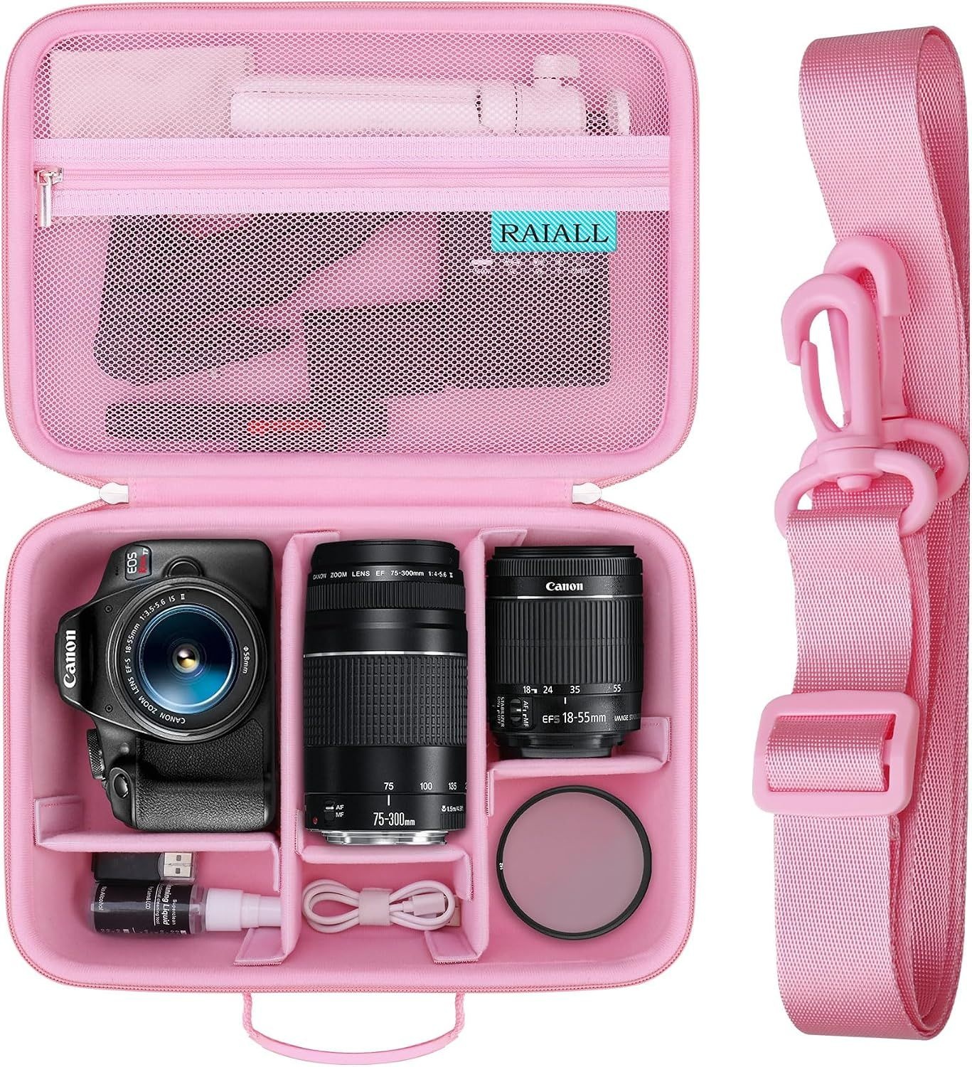 Canon EOS Rebel T7/R50/R100/Sony/Nikon D7500 카메라용 RAIALL 케이스, 핑크 | R50V/R8/R10/RP/R7/R6 Mark II/R5 DSLR용, 렌즈, 삼각대,