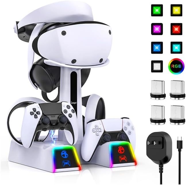 PSVR 2/PS5 엣지/PS5 컨트롤러용 RGB 충전 스테이션 | PS VR2 헤드셋 및 듀얼센스 액세서리 포함 스탠드 + 도크 10가지
